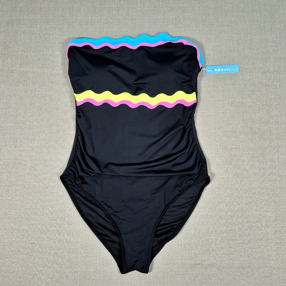 Popvil Womens One Piece Swimsuit Black Neon Scalloped Bandeau Ruched Large NWT